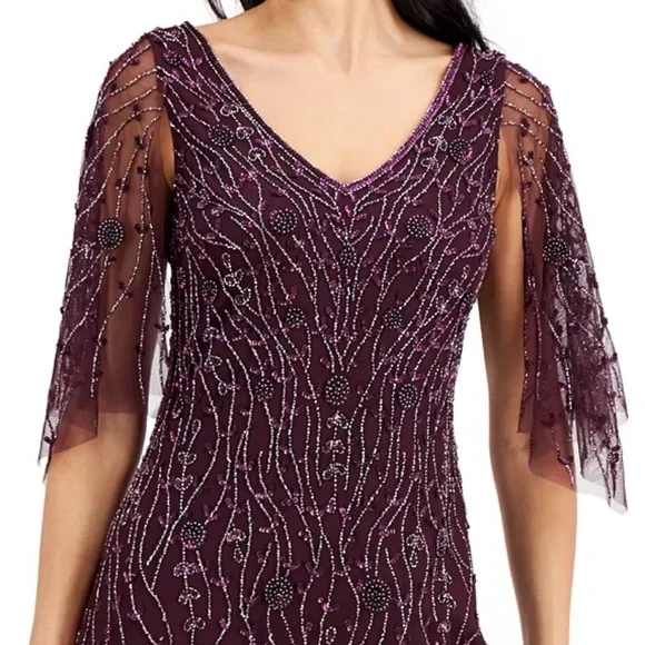 V-Neck Beaded Flutter Sleeve Formal Gown. Mother of the Bride Dress - Picture 4 of 8